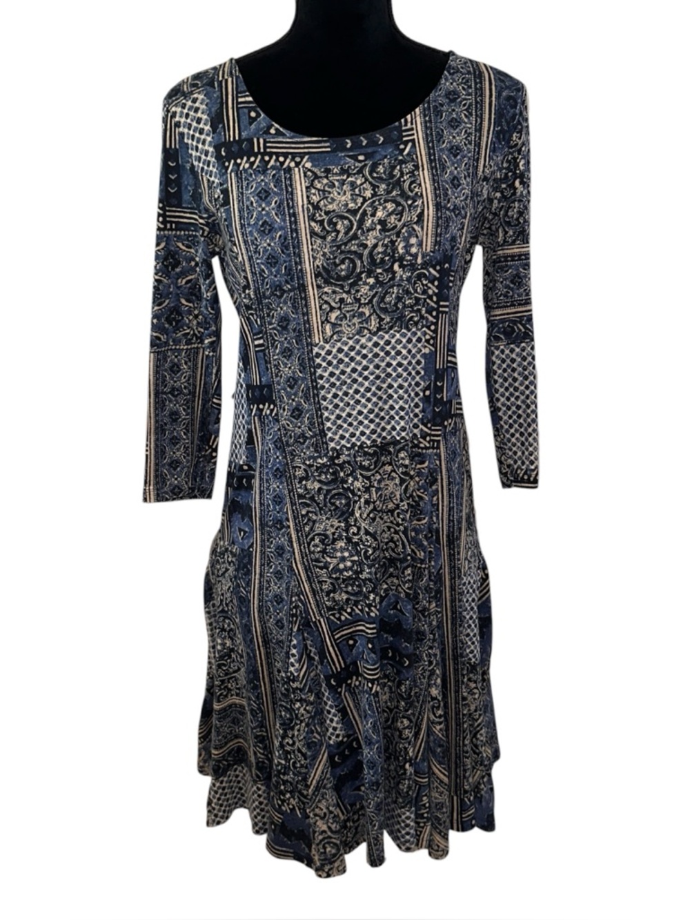 LRL Paisley Bandana Patterned Navy Blue & Cream Scoop Neck Dress Size Lg